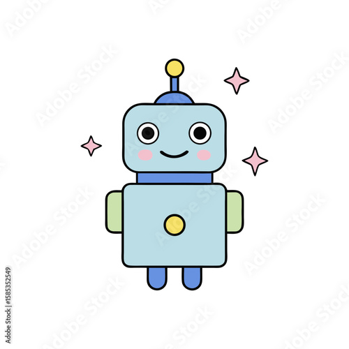 Cute Kawaii Robot with Joyful Face and Star Sparkle