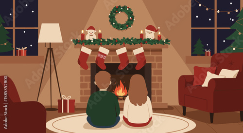 Siblings by Fireplace in Cozy Holiday Living Room – Flat Vector Style