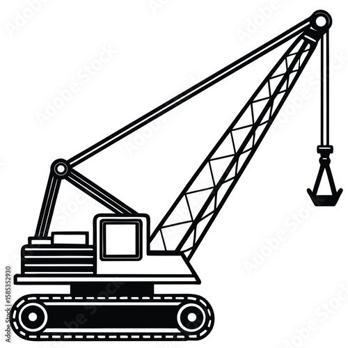 A black and white simple graphic illustration of a crawler crane with a hook for lifting heavy loads silhouette