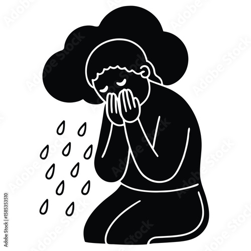 Person kneeling with hands covering face under a dark cloud with falling raindrops representing sadness or grief silhouette