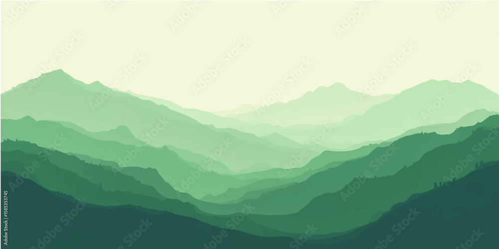 Obraz premium Gentle green forest landscape with soft misty mountains and layered hill background