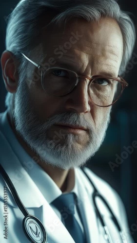 Intense surgeon in scrubs with stethoscope, looking serious, possibly examining a patient in a surgery room.
