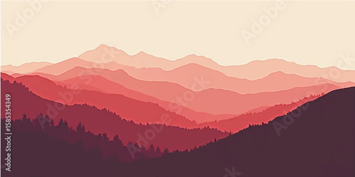 Cuadro en lienzo Sunset over misty mountain landscape with glowing sky and forested hills vector