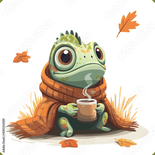 Vector illustration of a cute chameleon with big eyes in a plaid scarf holding a hot drink, surrounded by autumn leaves on a white background, isolated on white background