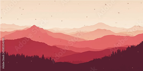 Sunset mountain landscape with misty hills and glowing sky above forest valley view