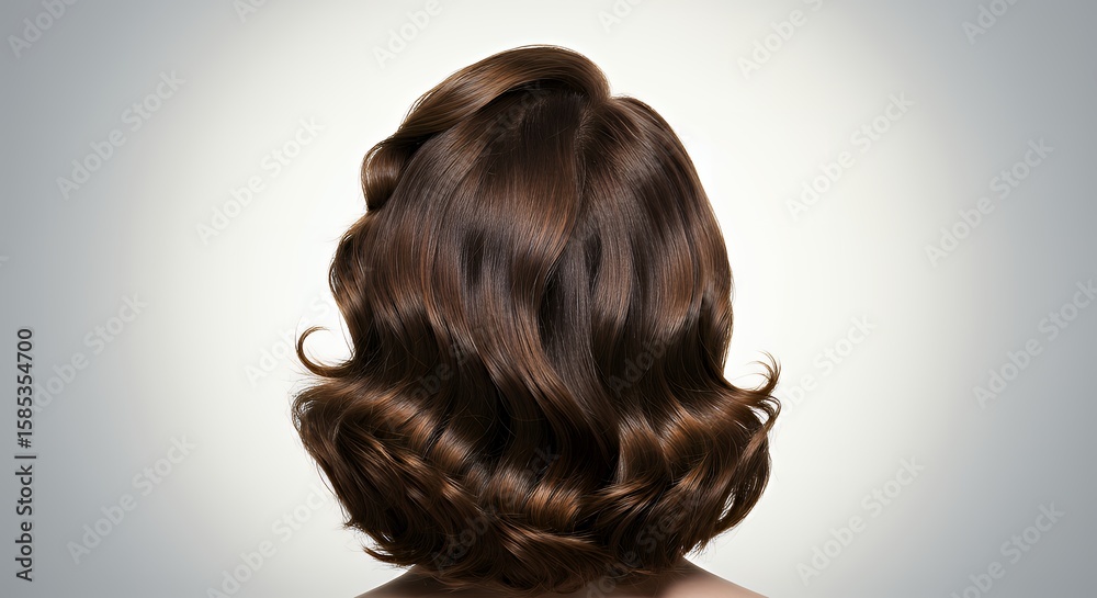 Fototapeta premium Beautiful brown wavy hairstyle with voluminous curls and glossy texture, showcasing healthy, shiny hair, perfect for beauty and fashion concepts.