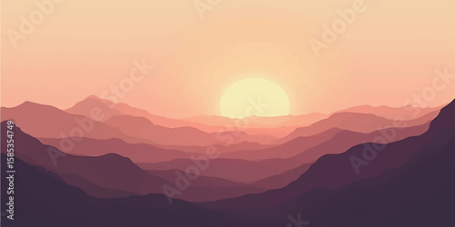 Sunset and sunrise over beautiful misty mountain landscape with glowing sky and peaceful natural hills view