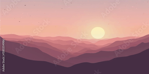 Golden Hour Sunset on Mountain Ridges with Vibrant Pink-Purple Glow and Silhouettes