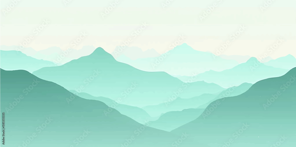 Naklejka premium Dreamy Mountain View in Light Green Haze and Subtle Fog Layers with Minimalist Style