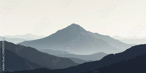 Dark Silhouette Mountain Range in Tranquil Misty Layers with Warm Beige Background