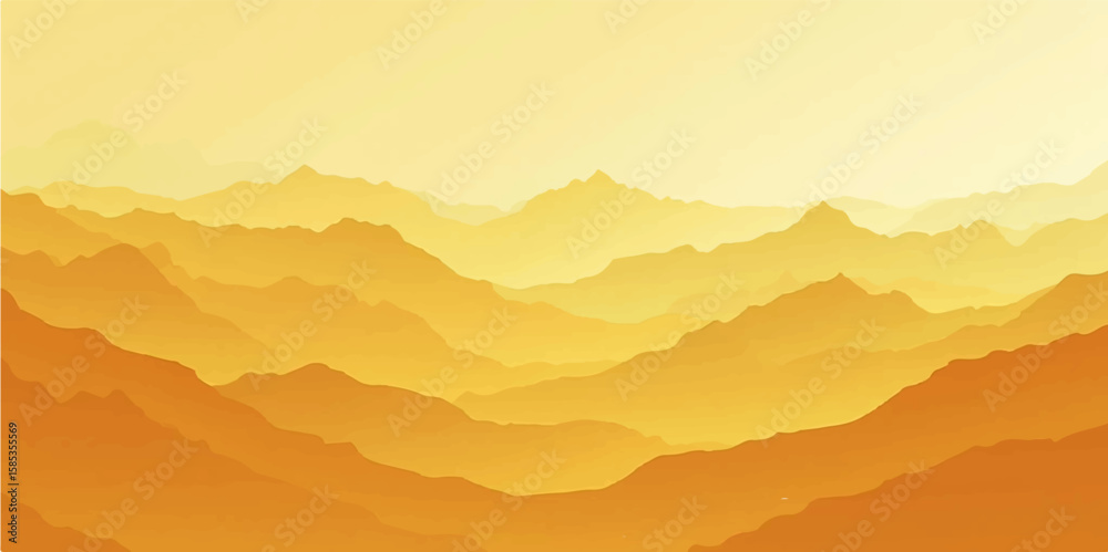 Fototapeta premium Bright golden sunrise over misty mountain ranges with glowing layered hills