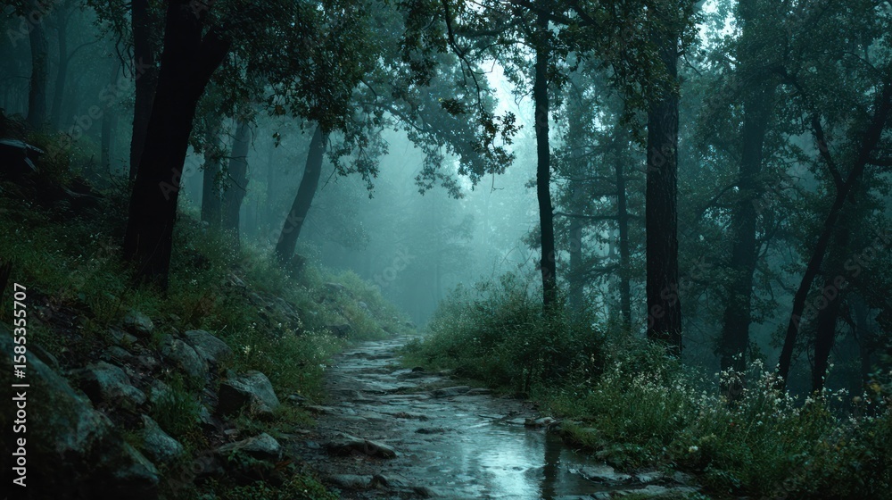 Obraz premium A dark forest path shrouded in mist, where mystery lingers in the soft light.