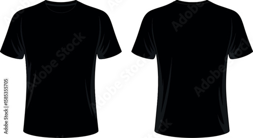 Black T-Shirt Front and Back View Vector Illustration, Blank Apparel Mockup Template