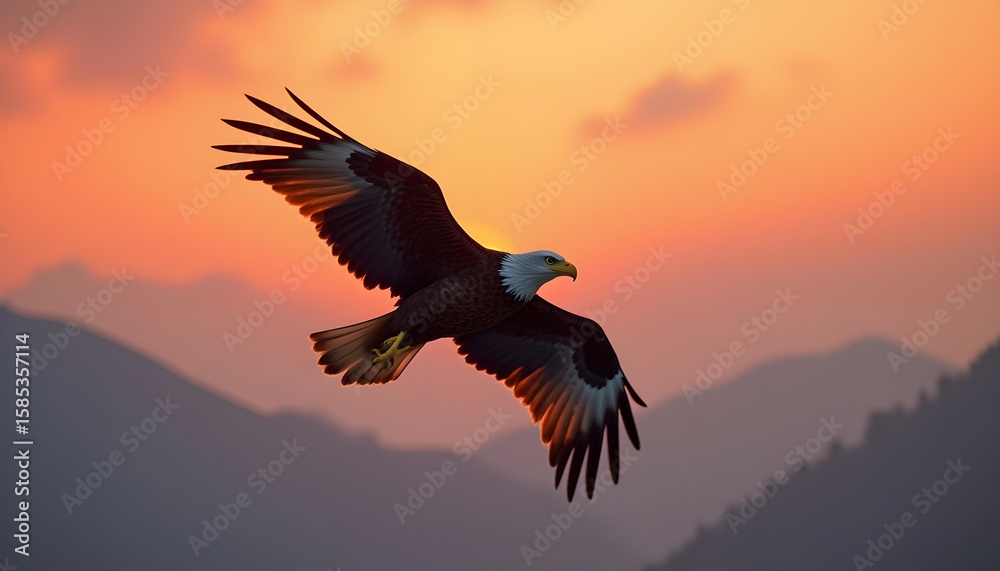 Obraz premium Graceful Eagle in Flight – Sunrise Over Misty Mountain