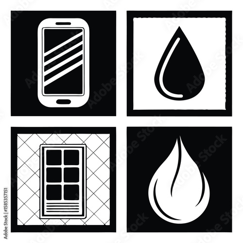 Four black and white graphic icons including smartphone water drop and window vector