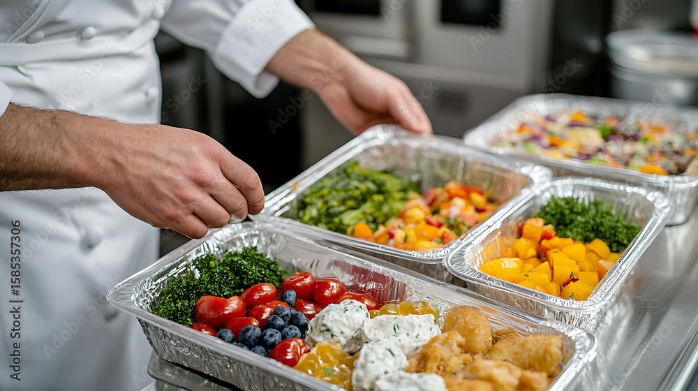 Obraz premium Chef preparing fresh food in catering trays. Healthy ingredients, colorful vegetables and fruits arranged for a meal service. Balanced diet concept.