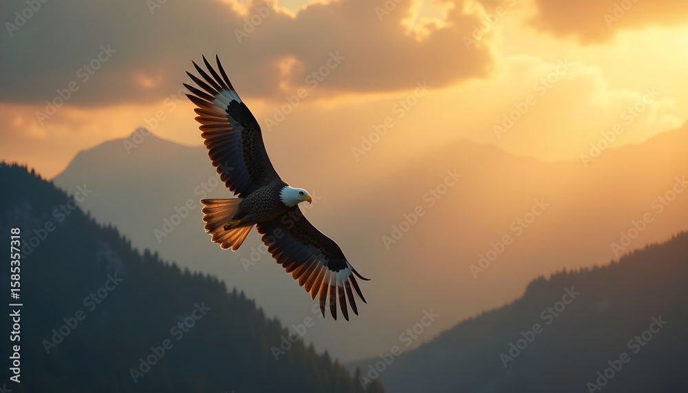 Obraz premium Graceful Eagle in Flight – Sunrise Over Misty Mountain