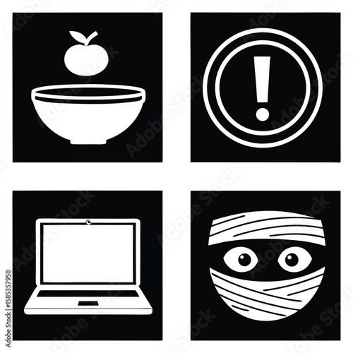 Four white icons on black background apple bowl warning sign laptop mummy symbol graphic