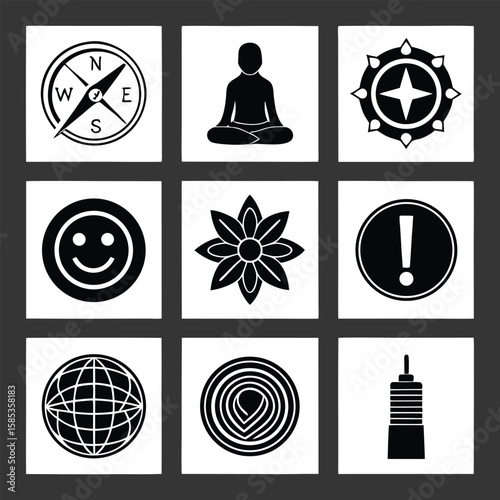 Nine black and white graphic icons including compass, person meditating, flower, and globe