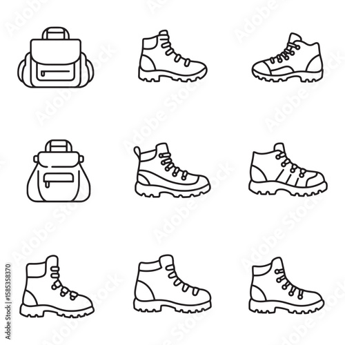 Black and white illustrated icons of hiking boots and a backpack ready for outdoor adventure.