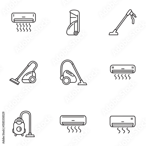 Black and white line art illustrations of air conditioners and vacuum cleaner icons