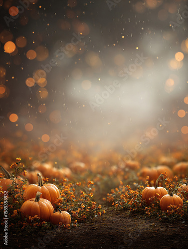 Orange pumpkins in a field with falling rain and bokeh lights
