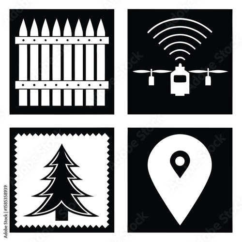 White silhouettes of fence drone Christmas tree and map pin on black picket fence