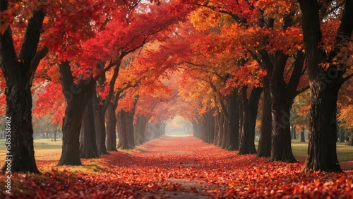Scenic autumn pathway with vibrant red and orange foliage forming a colorful tunnel of trees.