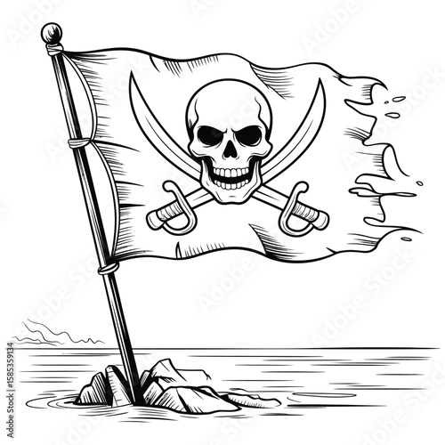 Pirate Flag at Sunset: The ominous Pirate flag, Emblazoned with skull and crossed sabers, capturing the spirit of adventure. 