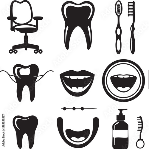 Dental hygiene icons including teeth toothbrushes dental chair open mouth and dental floss care