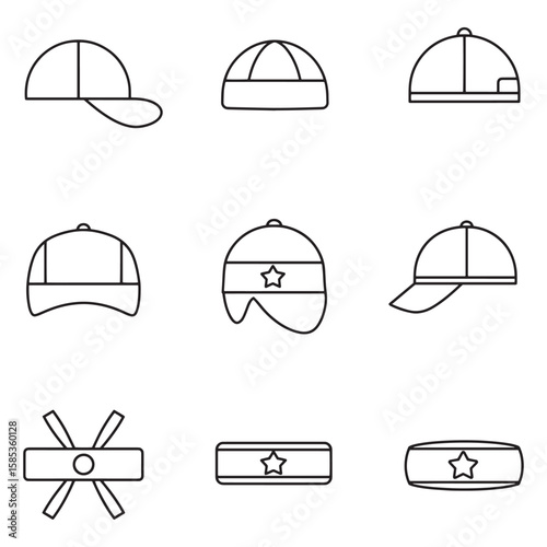 Collection of simple line art hats and caps in various styles and designs