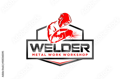Professional logo design for a metal work workshop.  Features a welder at work. Vector illustration.