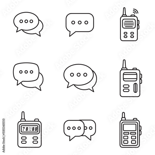 Communication icons including speech bubbles and walkie talkies outlined in a clean monochrome style