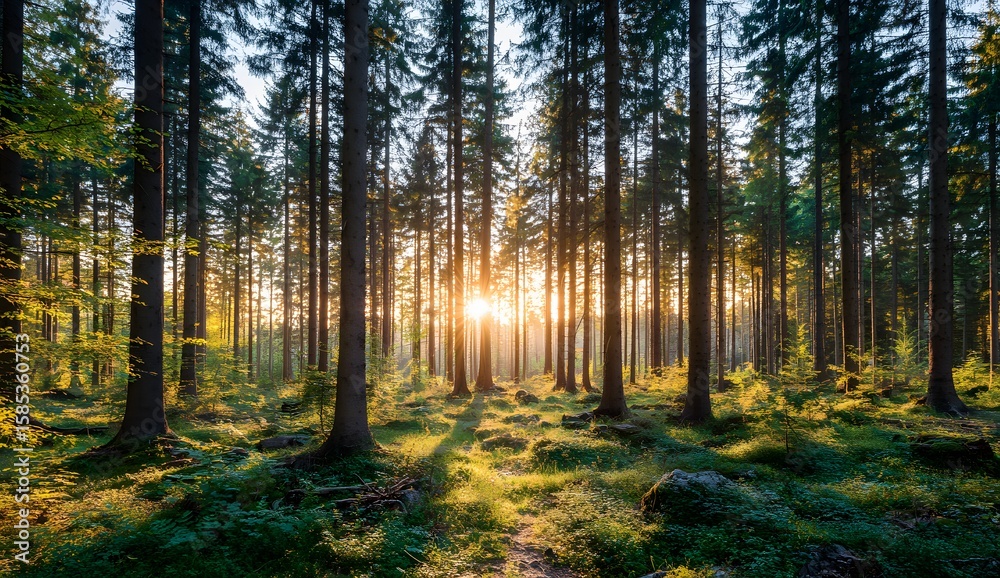 Obraz premium Sunlit Forest Canopy Majestic Nature's Tranquil Embrace