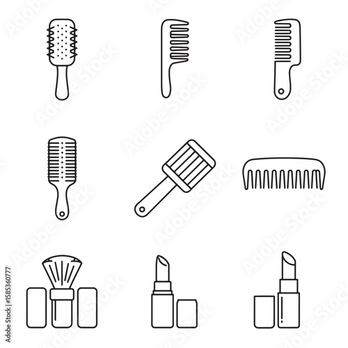 Line art illustration of various hair brushes, combs, makeup brush, and lipstick icons