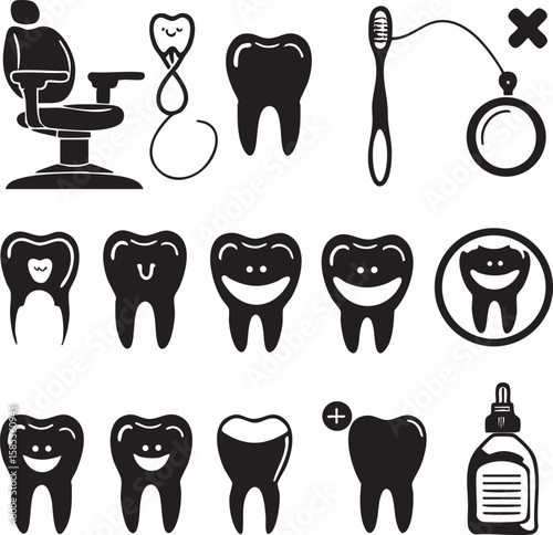 Collection of black silhouette dental icons including happy teeth dentist chair toothbrush and mouthwash bottle