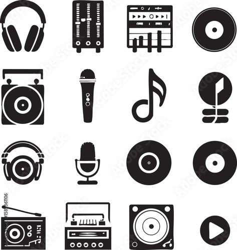 Collection of black and white music and audio equipment icons on white background sound technology