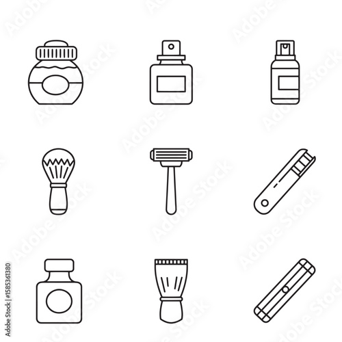 Minimalist line art illustrations of grooming and shaving products and accessories