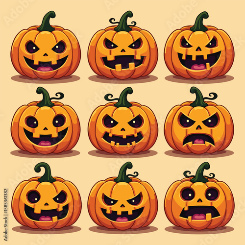 Cute and Silly Jack-o'-Lantern Set on Beige