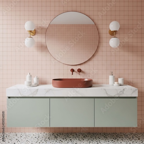 THE 3d render of a vibrant color block bathroom interior in Memphis style with red 