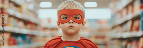 Little superhero stares down the aisle with cape and mask, ready for anything. Small hero on a mission, searching for adventure, and saving the day!