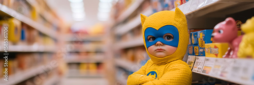 Pouting little superhero in a yellow costume.  He is in a store.  The aisle is full of items on the shelves.  He is crossing his arms looking glum.