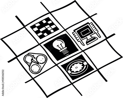 "Grid of Creative Tech Icons – Lightbulb, CPU, Gadgets, and UI Elements in Black and White"