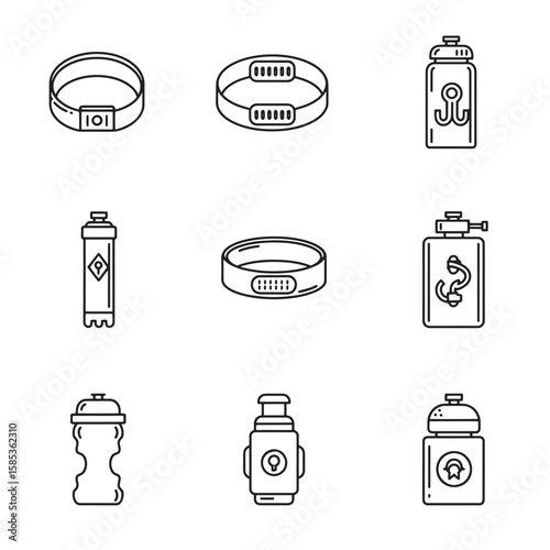Set of linear fitness tracker bracelets and water bottle icons in black and white style