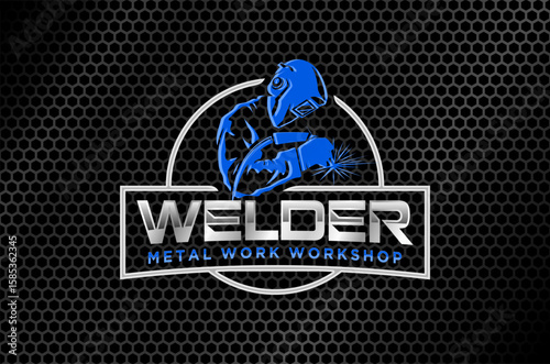 Professional logo design for a metal work workshop.  Features a welder at work. Vector illustration.
