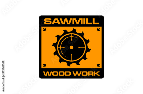Woodwork logo design for a sawmill featuring a circular saw blade. Carpenter lumberjack workshop industry vector illustration.