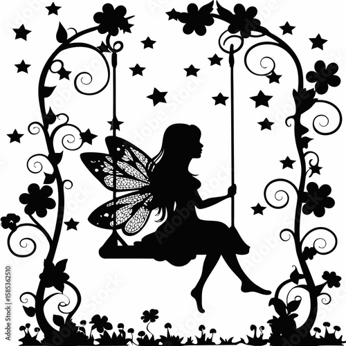 A Delicate Winged Enchantress in Silhouette, Gently Swaying Amid Blossoming Vines and Starry Skies, Where Petals and Magic Float Freely in the Moonlit Garden of Imagination