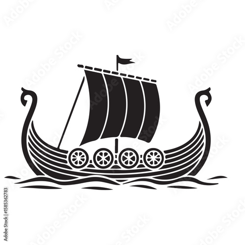 A black and white illustration of a viking ship sailing on water with a flag on top of the mast