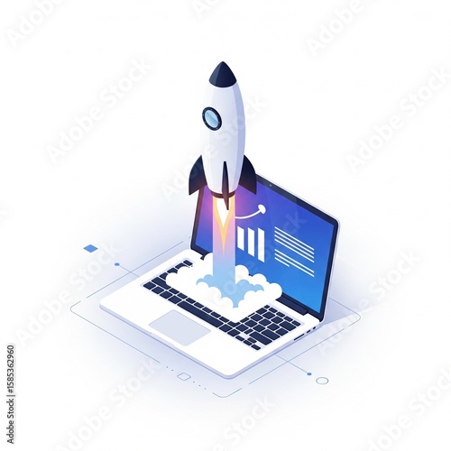 Business startup launch concept, an isometric vector illustration of a rocket taking off from a laptop, symbolizing a new project or product launch