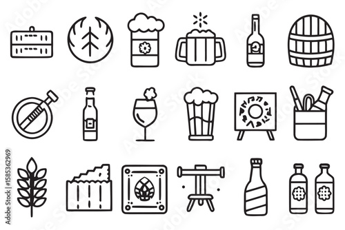 Beer icons set with barrel bottle mug glass wheat and crate vector